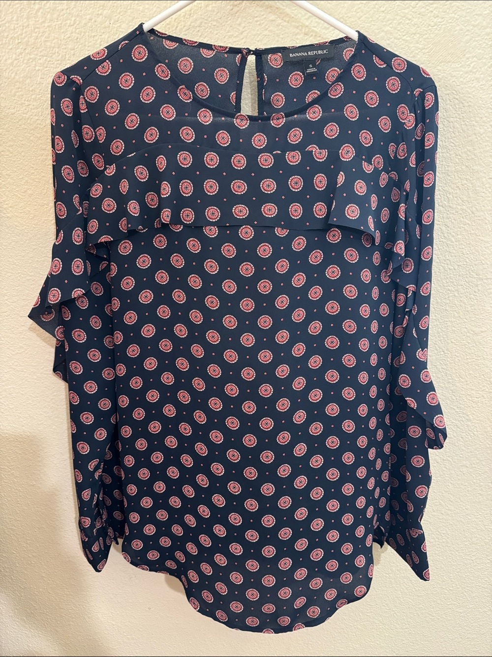 Banana Republic Navy Blouse with Pink Medallion Print